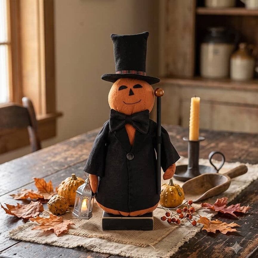 Pumpkin Boy Doll in Black Top Hat Walking Stick & Lantern  - 23"