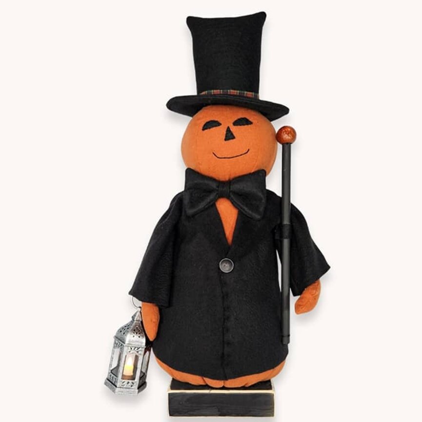 Pumpkin Boy Doll in Black Top Hat Walking Stick & Lantern  - 23"