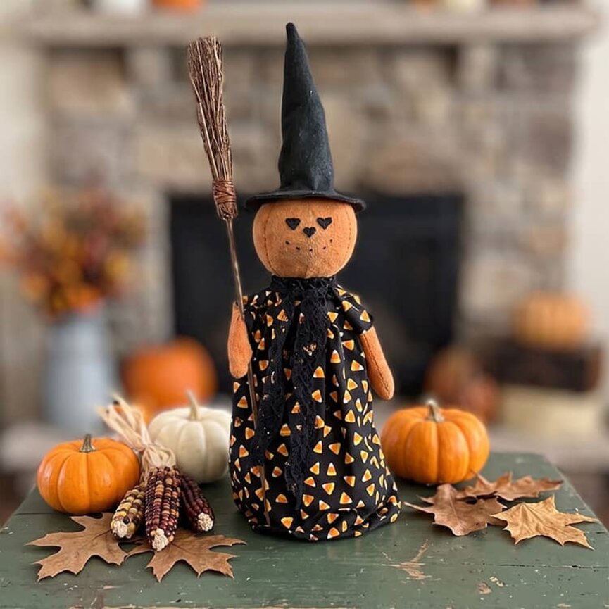 Candy Corn Pumpkin Witch Doll Orange Face - 16"
