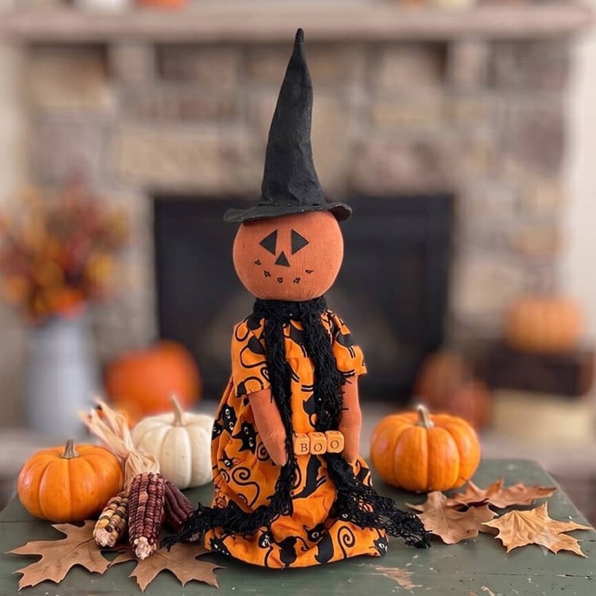 Boo Pumpkin Witch Doll in Cat Dress - 16"