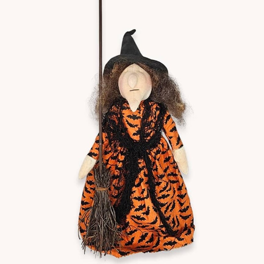 Witch Doll with Broom Orange Bat Dress - 17"