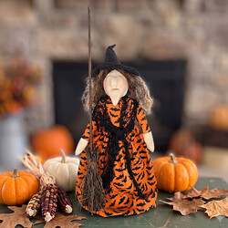Witch Doll with Broom Orange Bat Dress - 17"