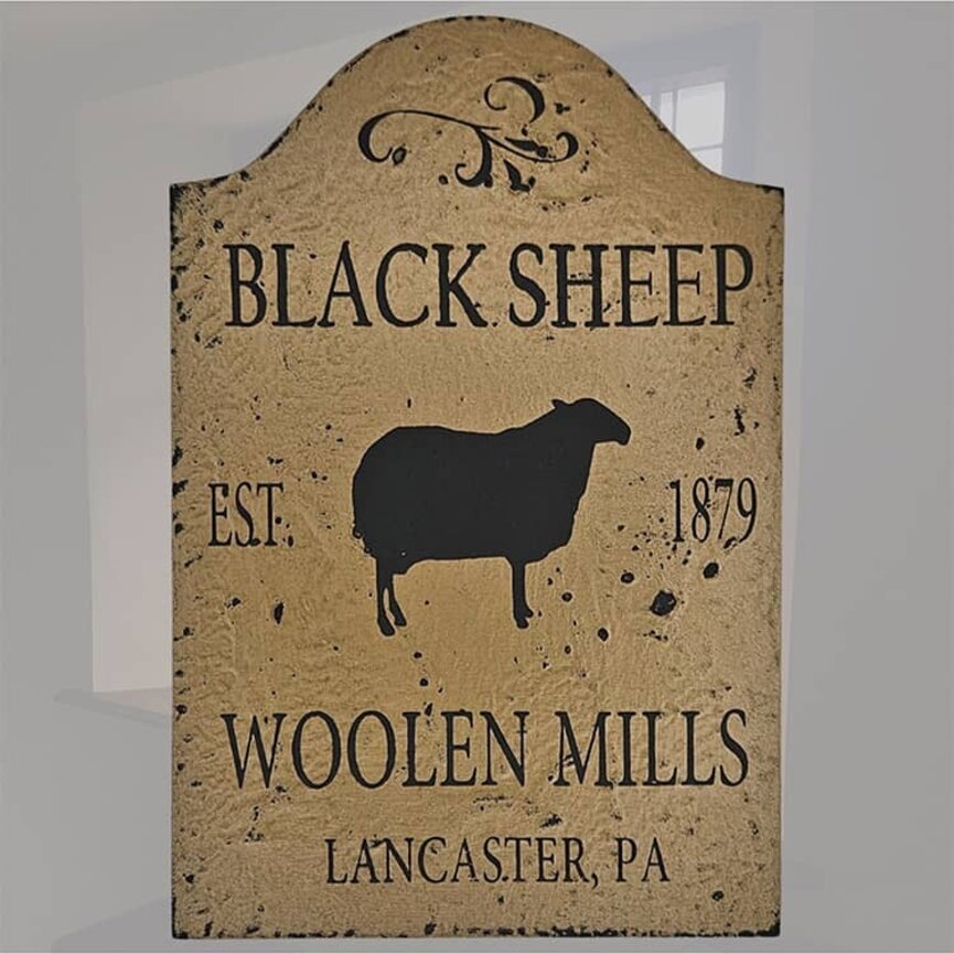 Tavern Sign Black Sheep Woolen Mills Shelf Sitter Pearwood Black - 9" x 6"