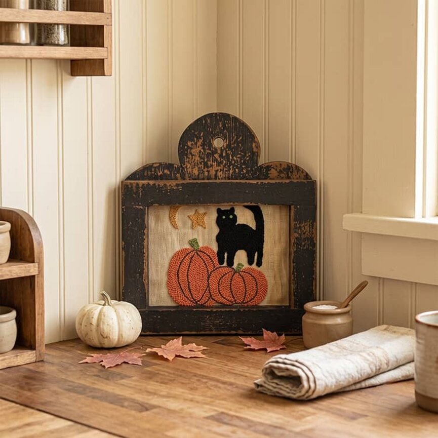 Needle Punched Black Cat with Pumpkins Sampler - 10" x 9"