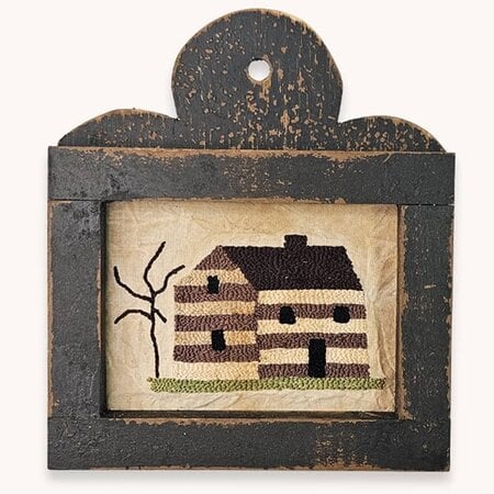 Cabin with Dark Roof & Tree Needle Punched Sampler