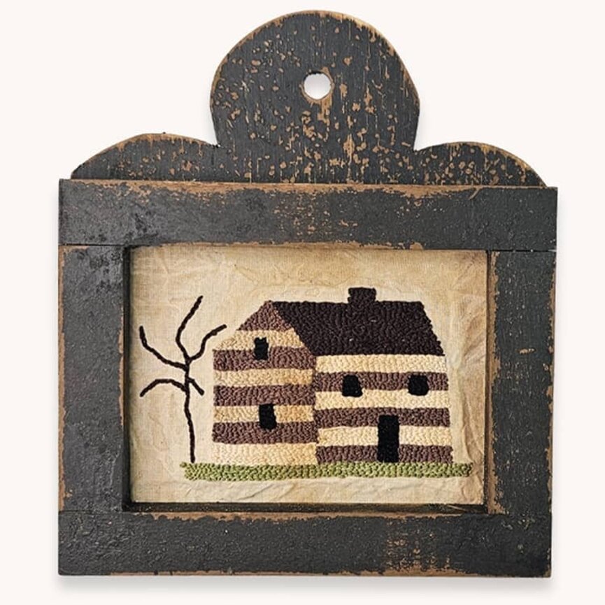 Needle Punched Sampler Cabin with Dark Roof & Tree 10" x 9"