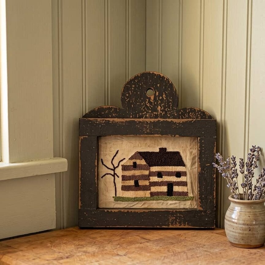 Needle Punched Sampler Cabin with Dark Roof & Tree 10" x 9"