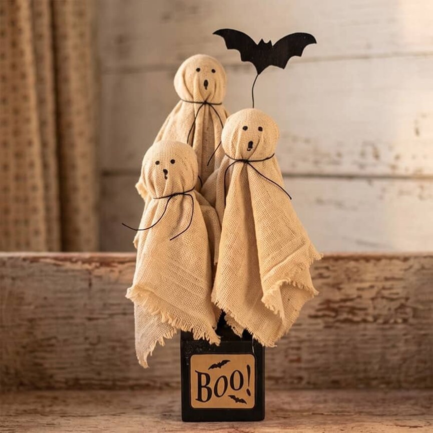 Ghost Trio with Bat Wooden BOO Base - 16"