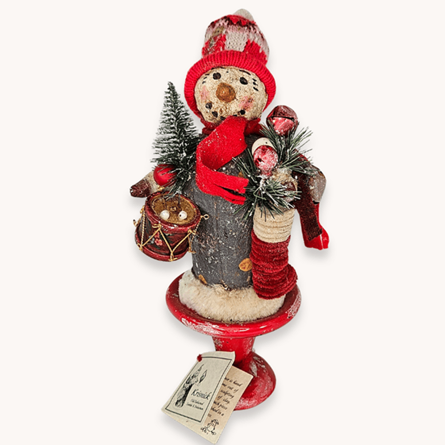 Krisnick Snowman Pedestal with Stocking & Drum - 10"