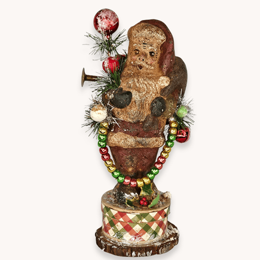 Krisnick Santa on Box with Garland & Horn - 9"