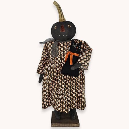 Pumpkin Girl Doll Holding Black Cat