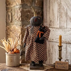 Pumpkin Girl Doll Holding Black Cat on Base - 24"