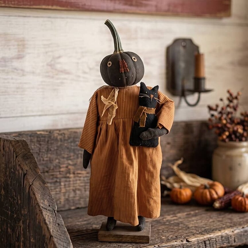 Pumpkin Girl Doll in Striped Dress Holding Cat - 24"
