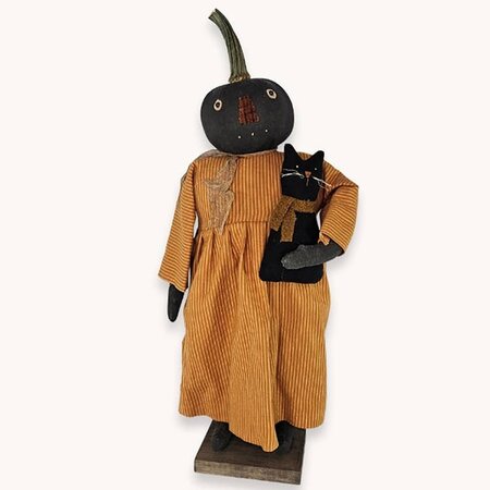 Pumpkin Girl Doll Holding Cat