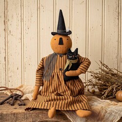 Pumpkin Witch Doll Sitting Holding Black Cat - 22"