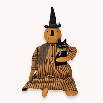 Pumpkin Witch Doll Sitting Holding Black Cat