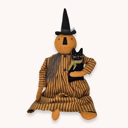 Pumpkin Witch Doll Sitting Holding Black Cat