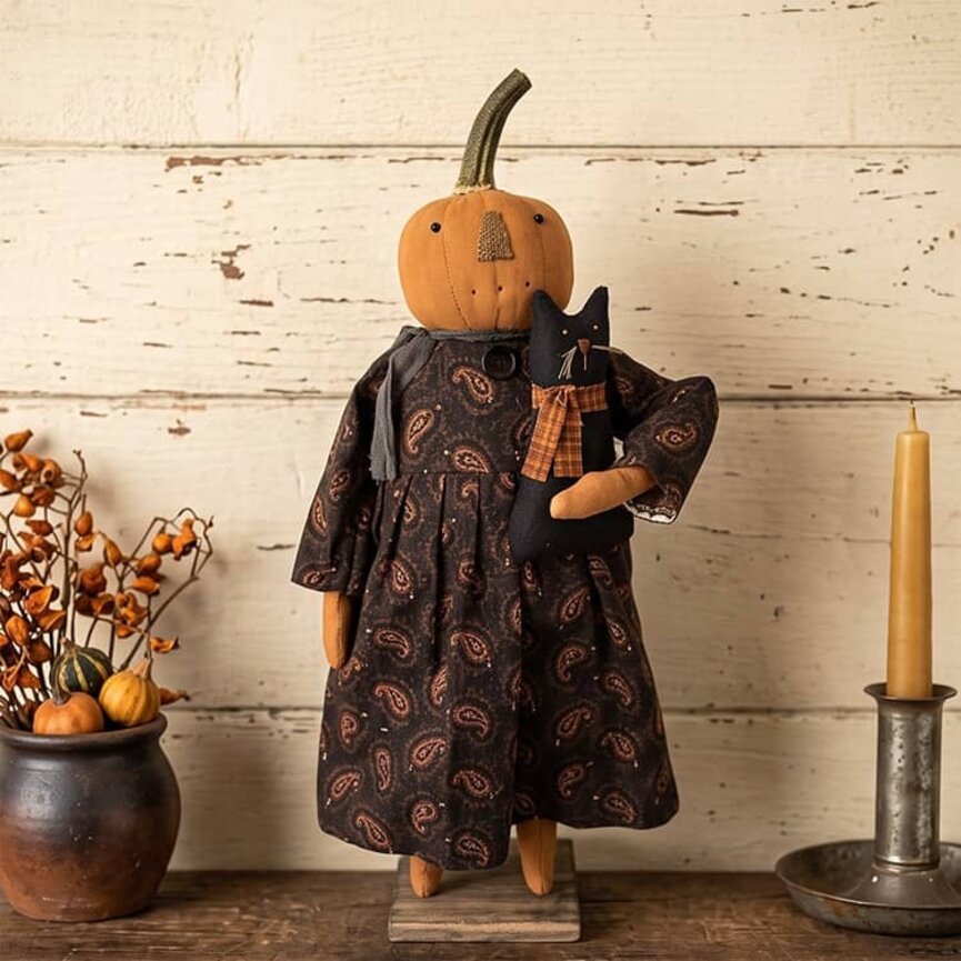 Pumpkin Girl Doll with Black Cat Autumn Leaves Dress - 24"