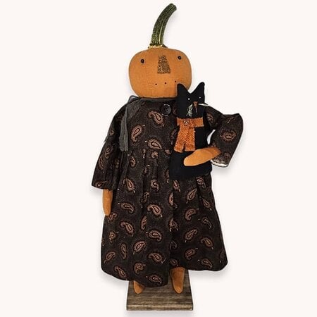 Pumpkin Girl Doll Holding Black Cat