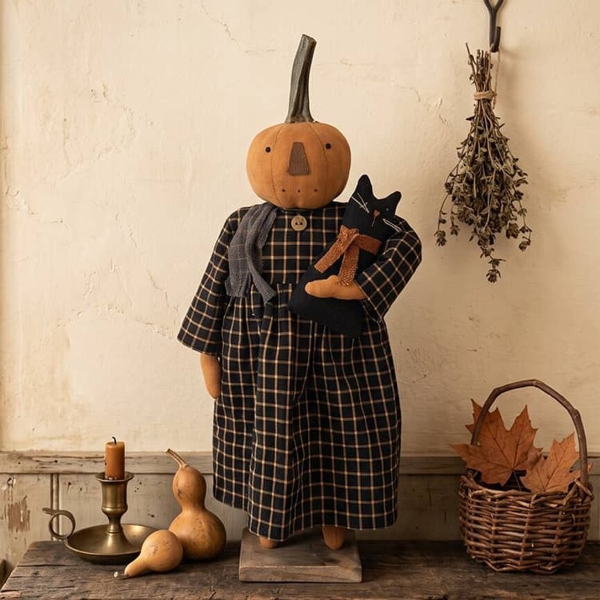 Pumpkin Girl Doll with Black Check Dress Holding Black Cat - 25"