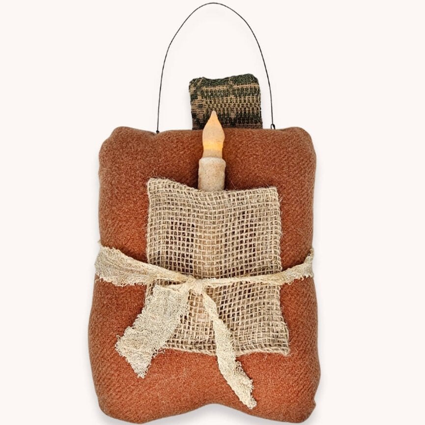 Hanging Pumpkin Pillow Burnt Orange with Timer Taper - 12"
