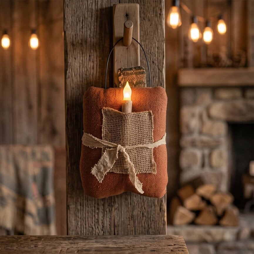 Hanging Pumpkin Pillow Burnt Orange with Timer Taper - 12"