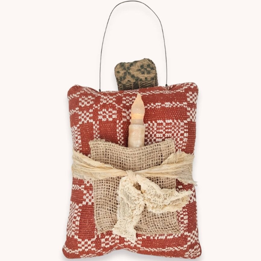 Hanging Pumpkin Pillow Nantucket Rust Cream with Timer Taper - 12"