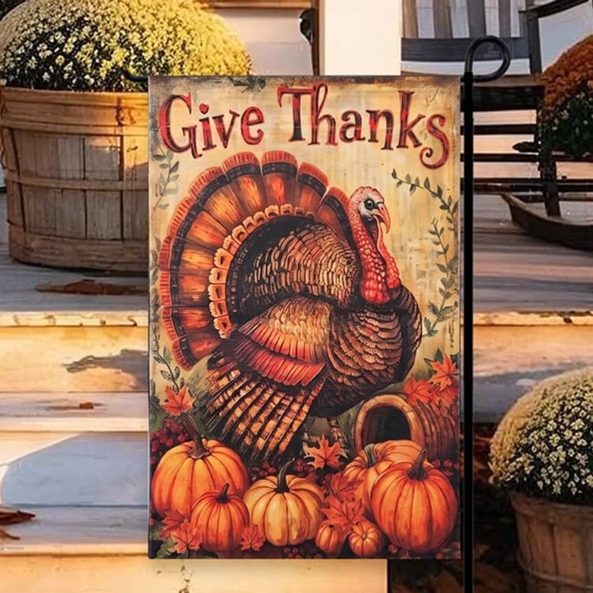 Give Thanks Turkey with Pumpkins Garden Flag - 17.25"