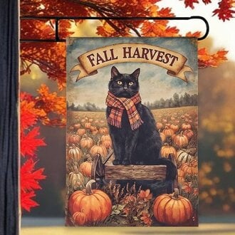 Fall Harvest Cat on Wagon with Pumpkins Yard Flag