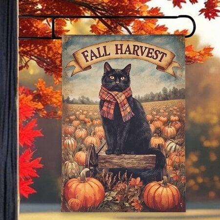 Fall Harvest Cat on Wagon with Pumpkins Yard Flag