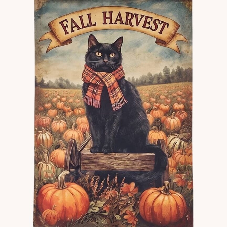 Fall Harvest Cat on Wagon with Pumpkins Double Sided Yard Flag - 40"