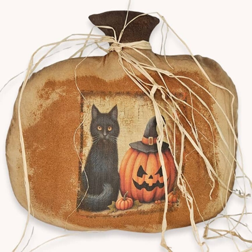 Harvest Pumpkin Pillow Black Cat & Pumpkin -13"