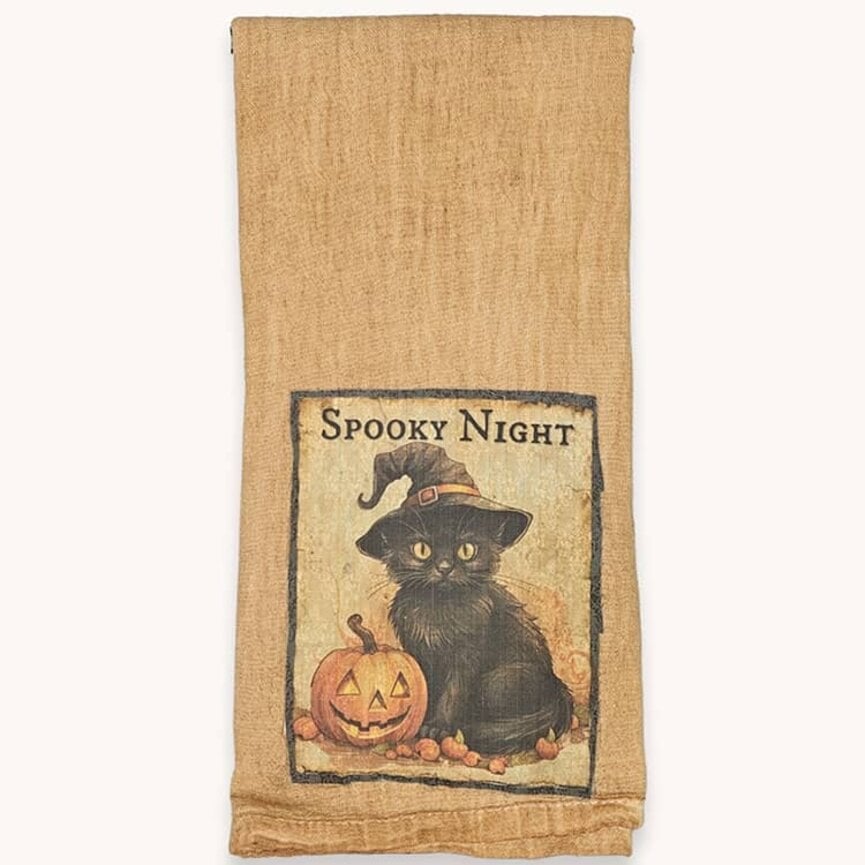 Printed Tea-Stained Towel Spooky Night Kitten W/Witch's Hat