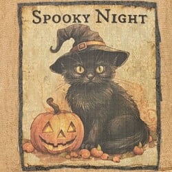 Printed Tea-Stained Towel Spooky Night Kitten W/Witch's Hat