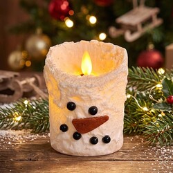 Snowman Bumpy White Moving Flame LED Candle - 3" x 4"