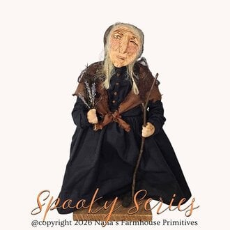 Old Crone Widow Temperance Doll with Walking Stick & Flowers