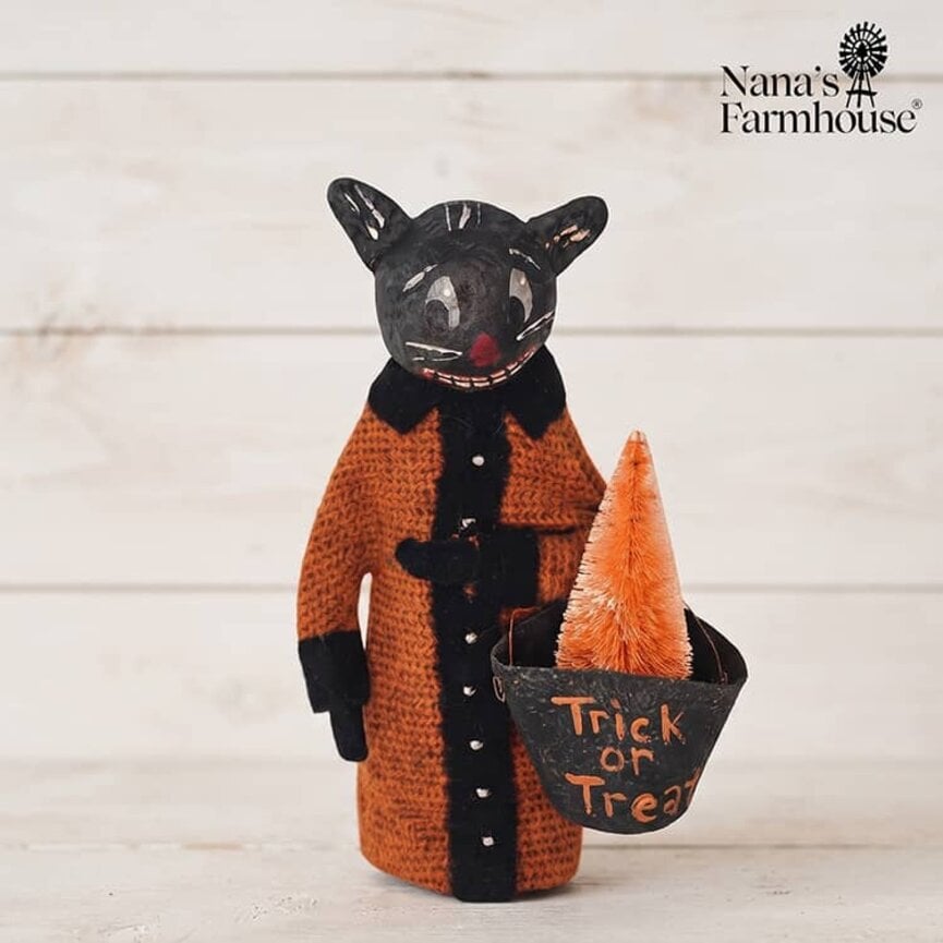 Black Cat Holding Trick or Treat Bucket - 10"