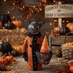 Black Cat Holding Trick or Treat Bucket - 10"
