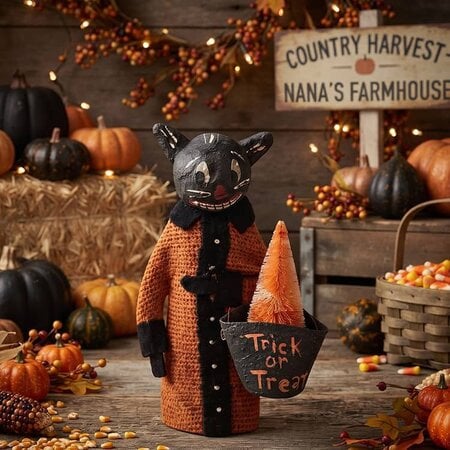 Black Cat Holding Trick or Treat Bucket