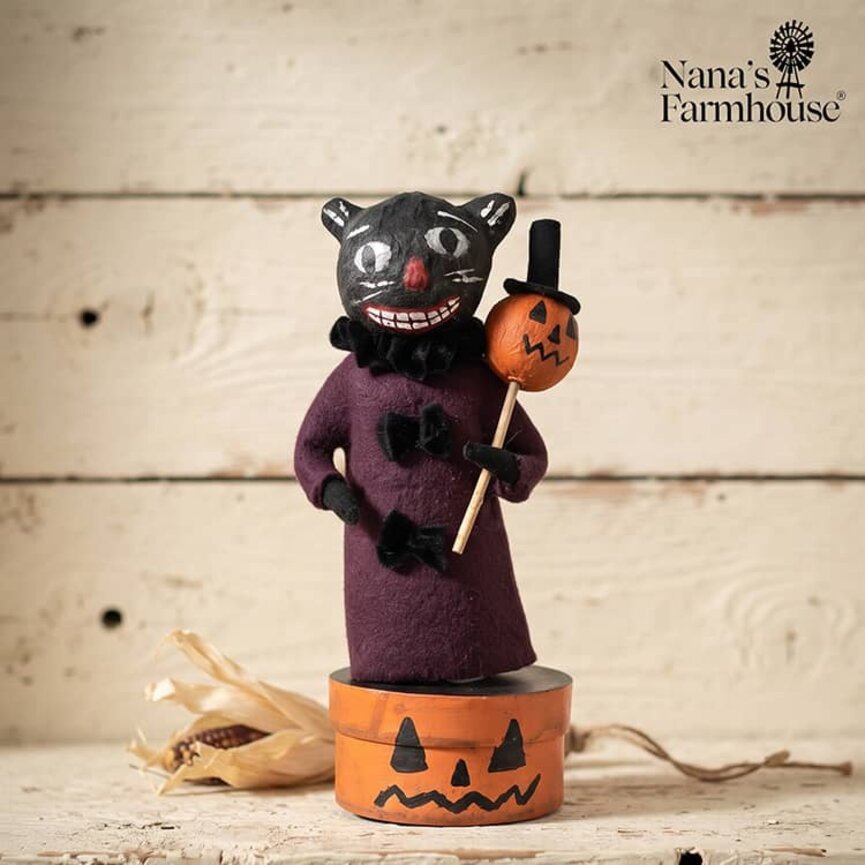 Cat on Pumpkin Faced Box with Pumpkin on Stick - 10"
