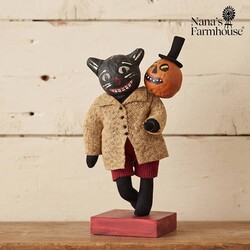 Cat Walking Tan Jacket with Pumpkin Balloon - 10"