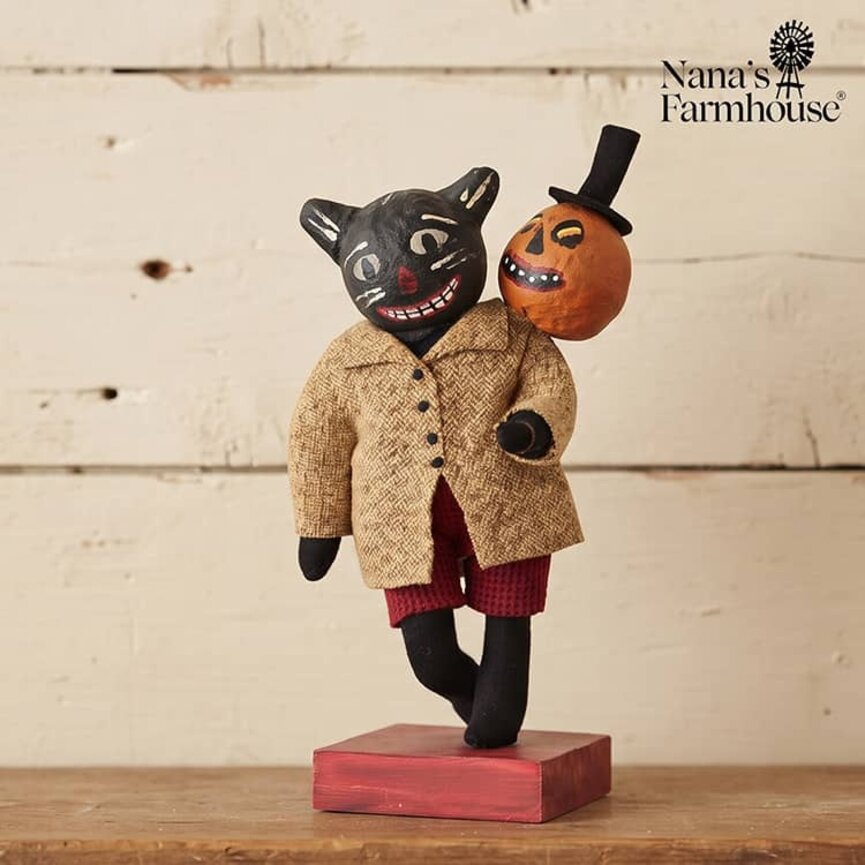 Cat Walking Tan Jacket with Pumpkin Balloon - 10"
