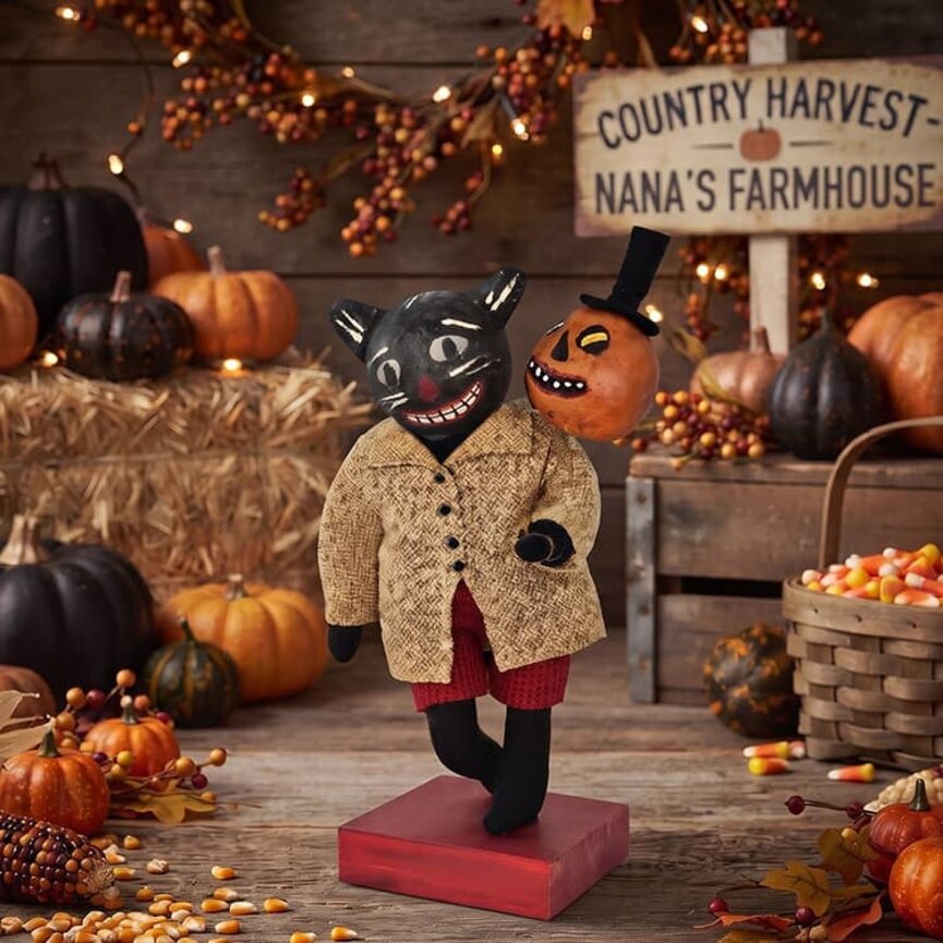 Cat Walking Tan Jacket with Pumpkin Balloon - 10"