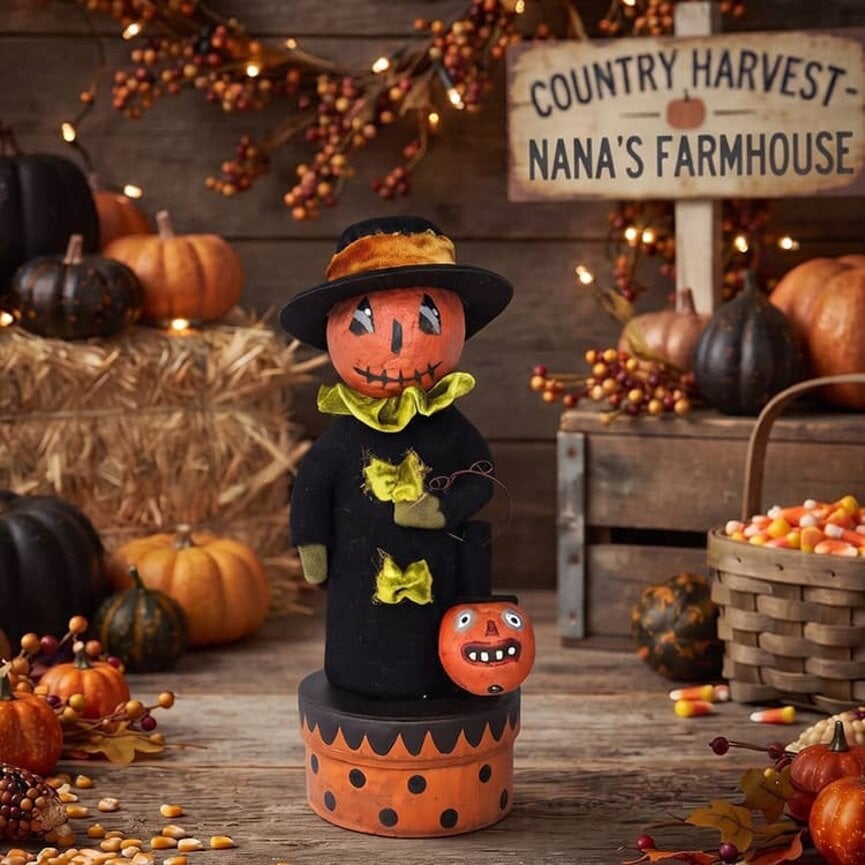 Pumpkin Boy on Polka Dot Box with Pumpkin - 10"