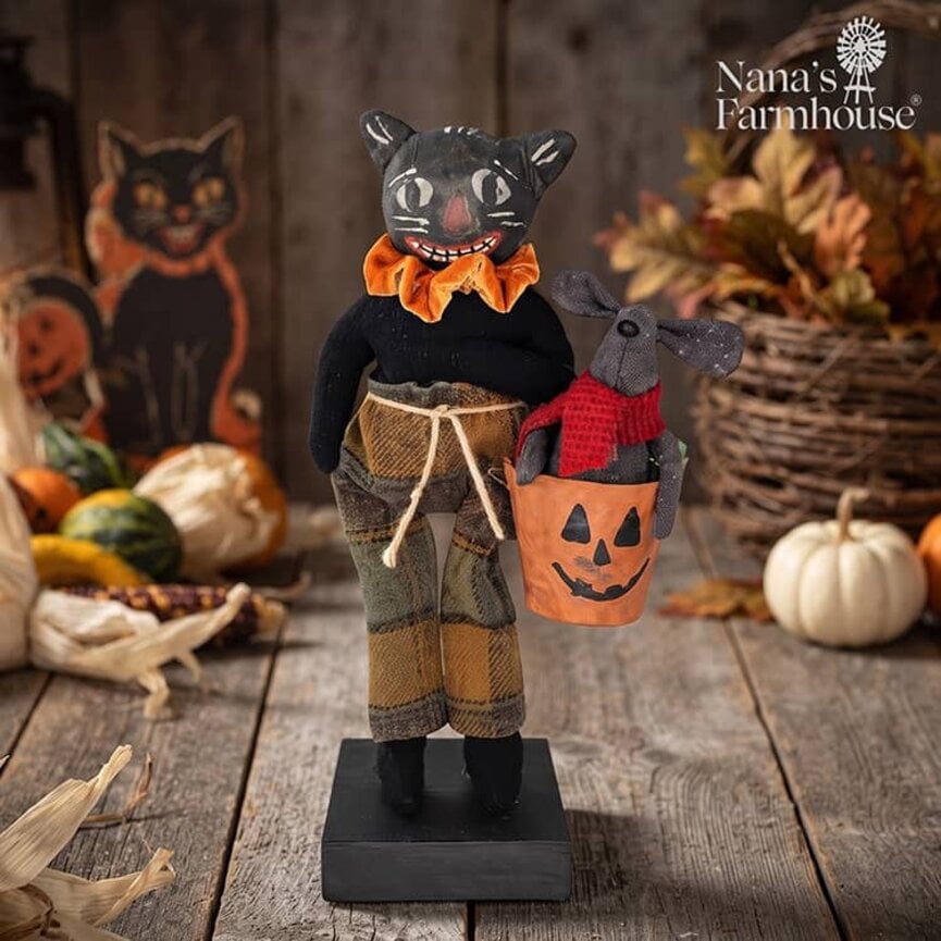 Cat Carrying Mouse in Jack O Lantern Bucket - 13"