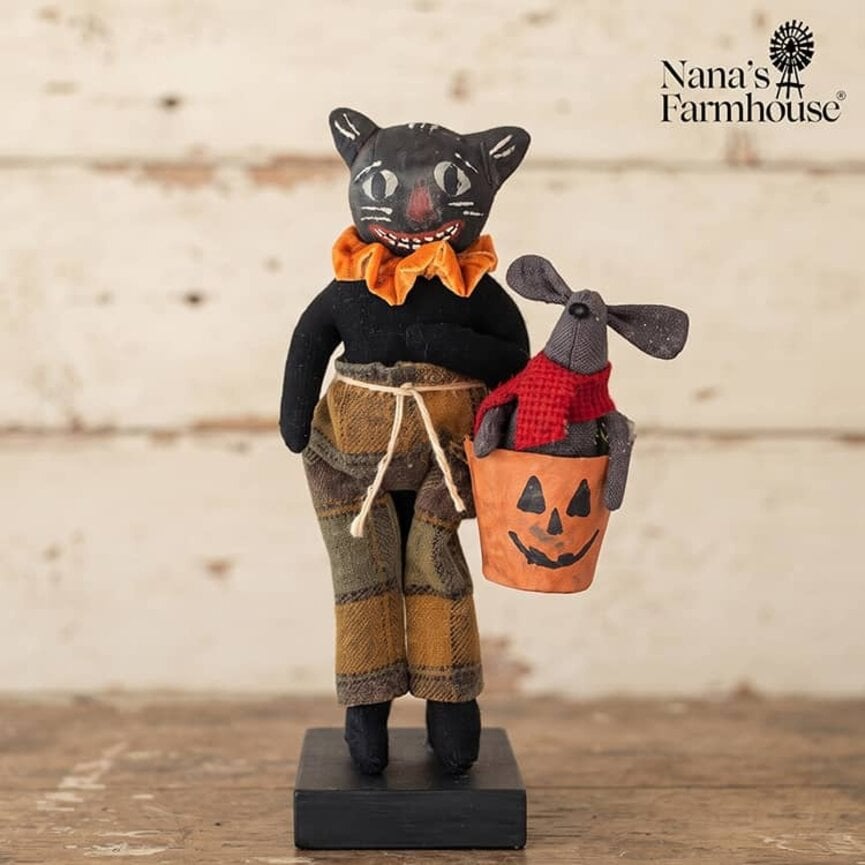 Cat Carrying Mouse in Jack O Lantern Bucket - 13"