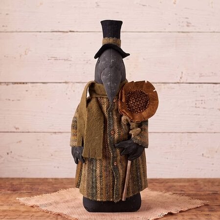 Black Crow Doll on Multi-Striped Wool Jacket with Sunflower