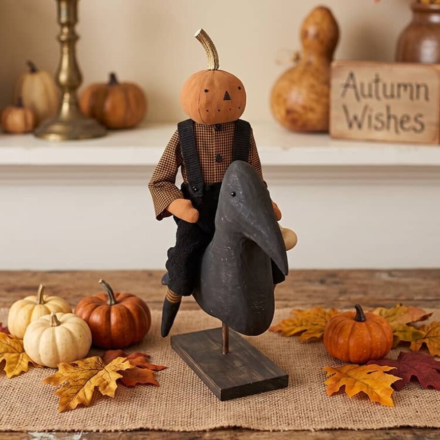 Pumpkin Boy Riding On Crow in Wool Overalls - 21"