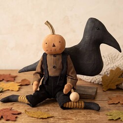 Pumpkin Boy Riding On Crow in Wool Overalls - 21"
