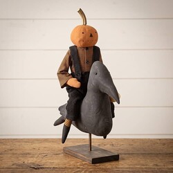Pumpkin Boy Riding On Crow in Wool Overalls - 21"